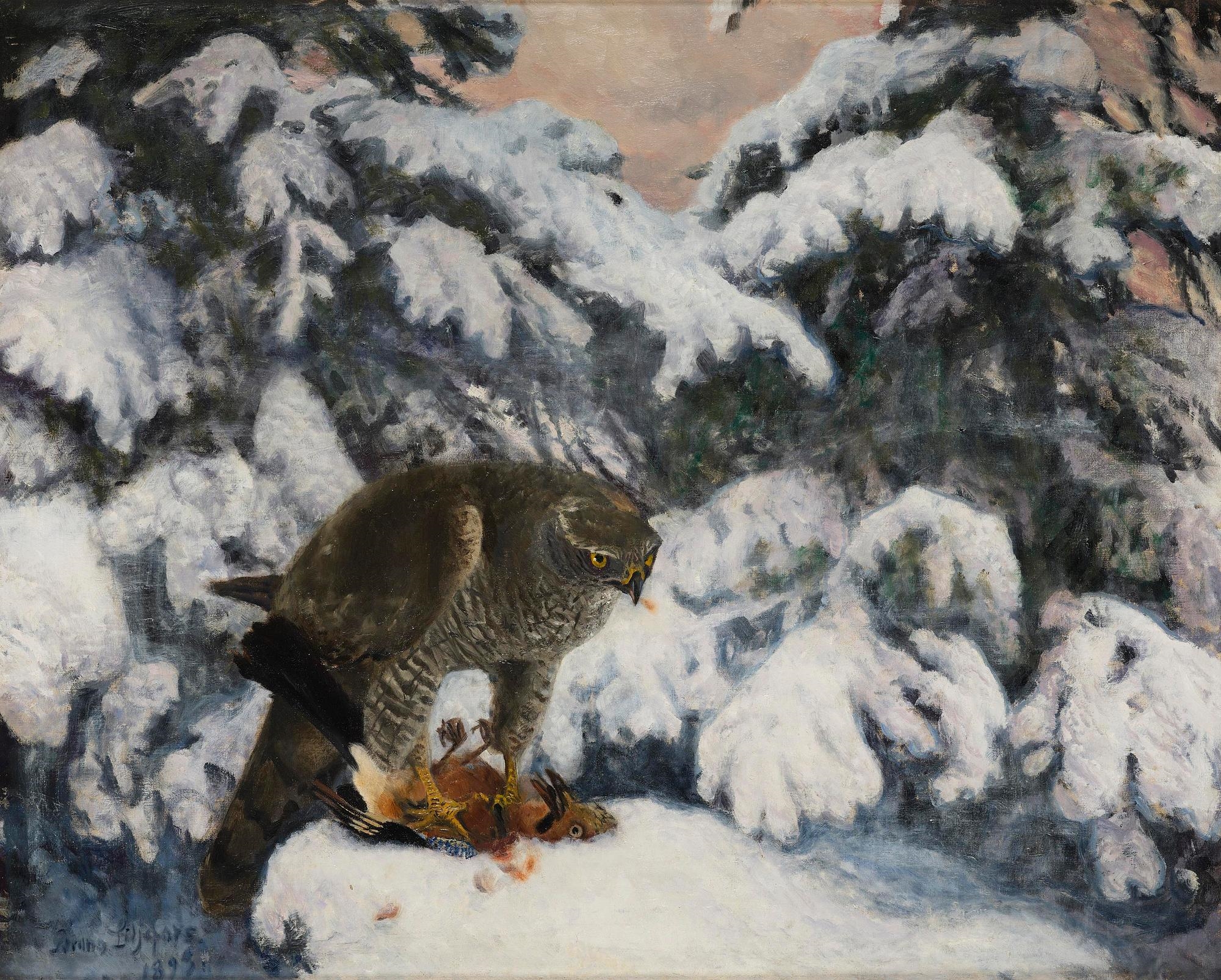 Artwork by Bruno Liljefors, Goshawk with prey, Made of Oil on canvas
