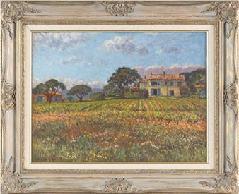 A pastoral landscape painting featuring a rustic house in a vineyard under a cloudy sky.