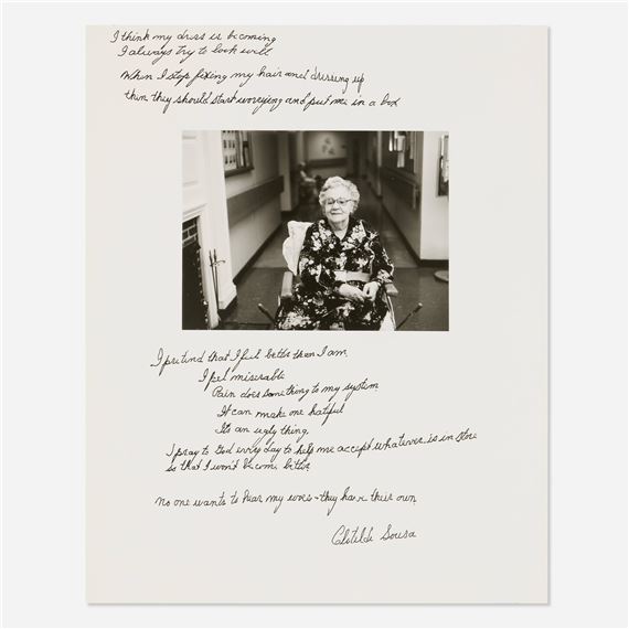 A black-and-white portrait of an elderly woman in a wheelchair, framed by handwritten text.