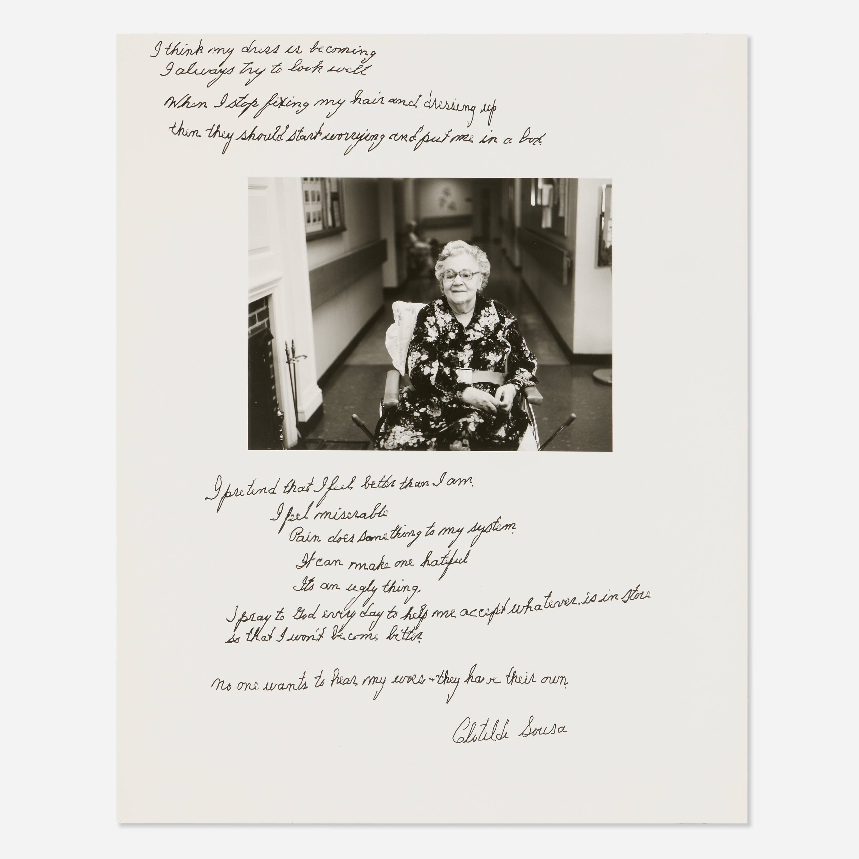 A black-and-white portrait of an elderly woman in a wheelchair, framed by handwritten text.