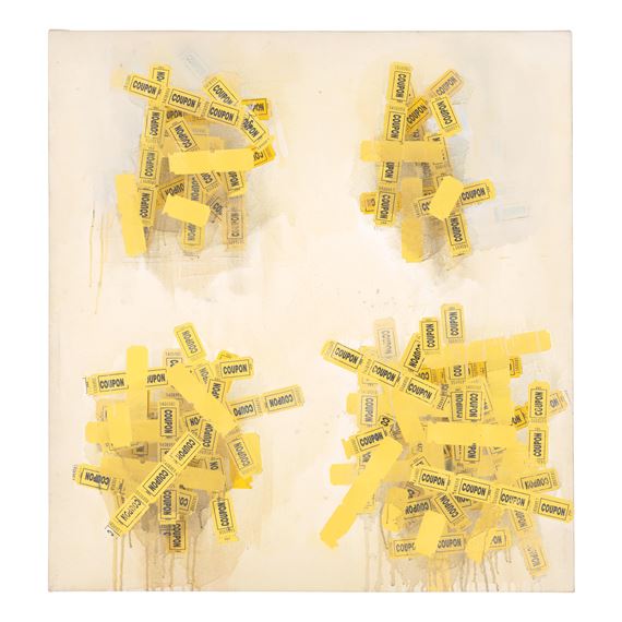 A four-panel artwork featuring scattered yellow coupon-like strips against a pale background.
