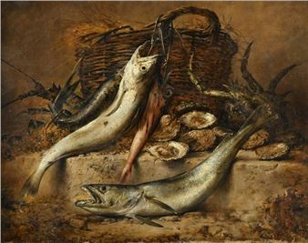 Still life - Fish, oysters and basket - Joseph-Eugène‏ Gilbault