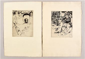 People dancing, sleeping, a seated man and a woman, two children, a man sitting in front of a jar and food on the floor, men on donkeys,   Bruges - Henri Ramah