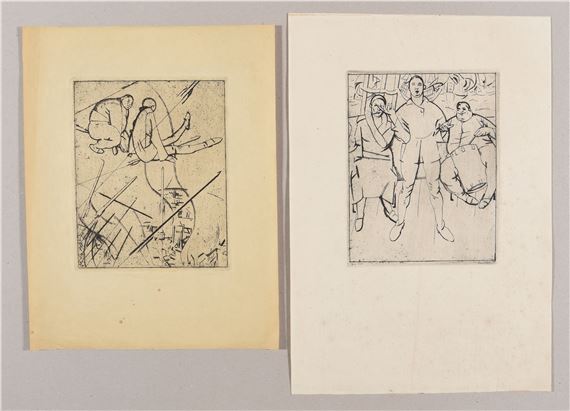 Two people around hanged men, parents with their child, pietà, singing man with musicians, 2 men sitting, a child with his mother and a view on Bruges