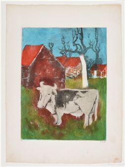 3 with cows, a pipe smoker, a man attacking another man, views of houses and Bruges - Henri Ramah