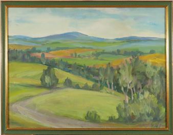 A vibrant landscape painting of rolling hills, a winding path, and distant mountains under a soft sky.