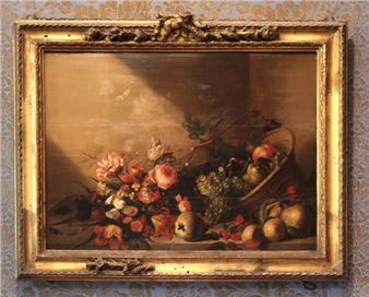 Still life with fruit and flowers emanating from an upturned basket - Jacob Marrel