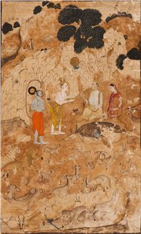 A prince accompanied by Hanuman offers a bowl to a seated princely couple in a landscape setting with numerous wild animals including birds. Opaque pigments and gold on paper. Matted - Indian School, 18th Century