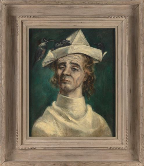 Portrait of a man with birds perched on his hat - Marcel Ronay