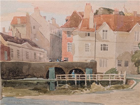 Village on a river by Thomas Stuart Milner, dated 40