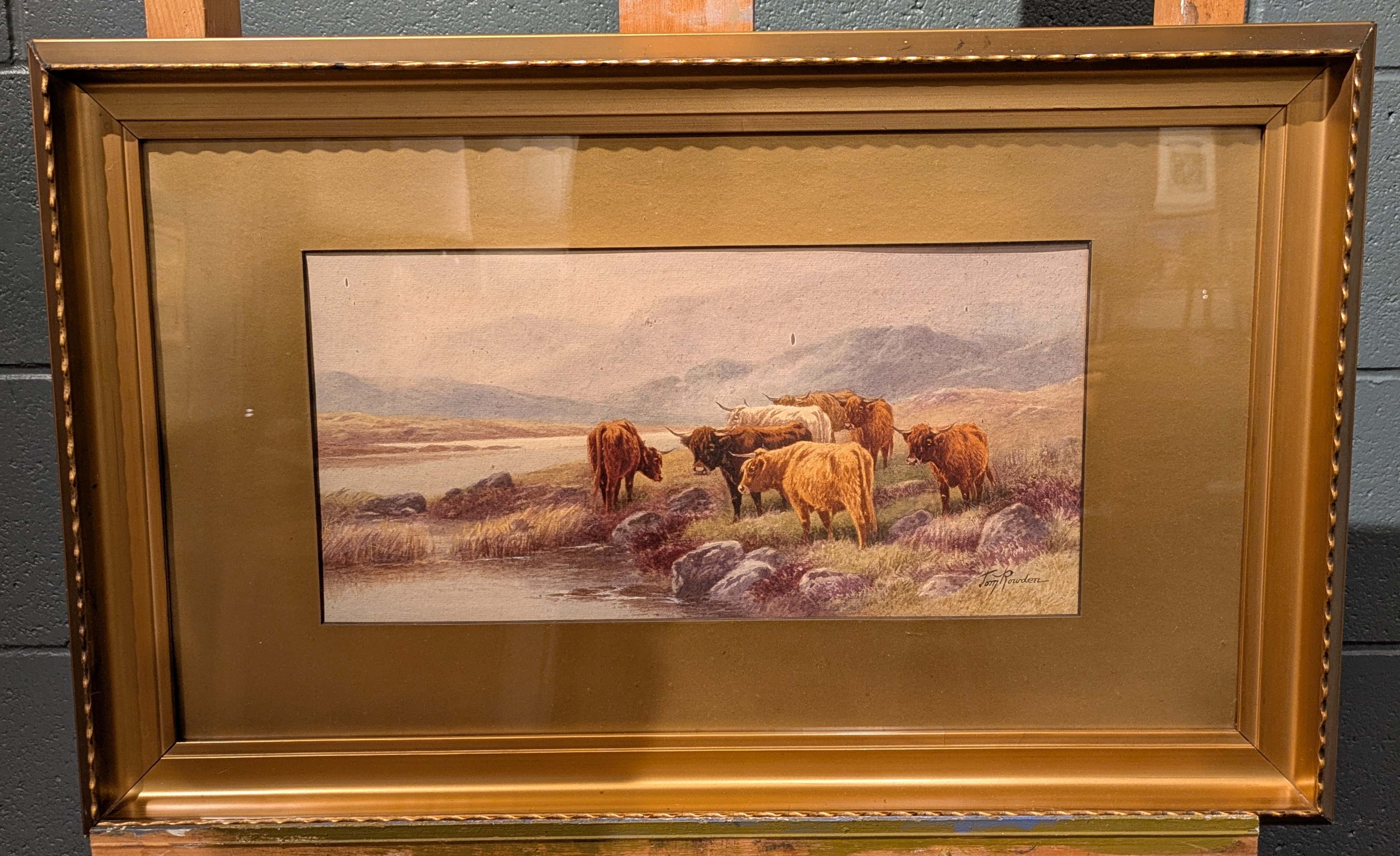Thomas Rowden | Highland cattle grazing next to a river | MutualArt