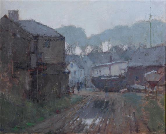 NEW ENGLAND HARBOR SCENE by Paul Cornoyer, 1920