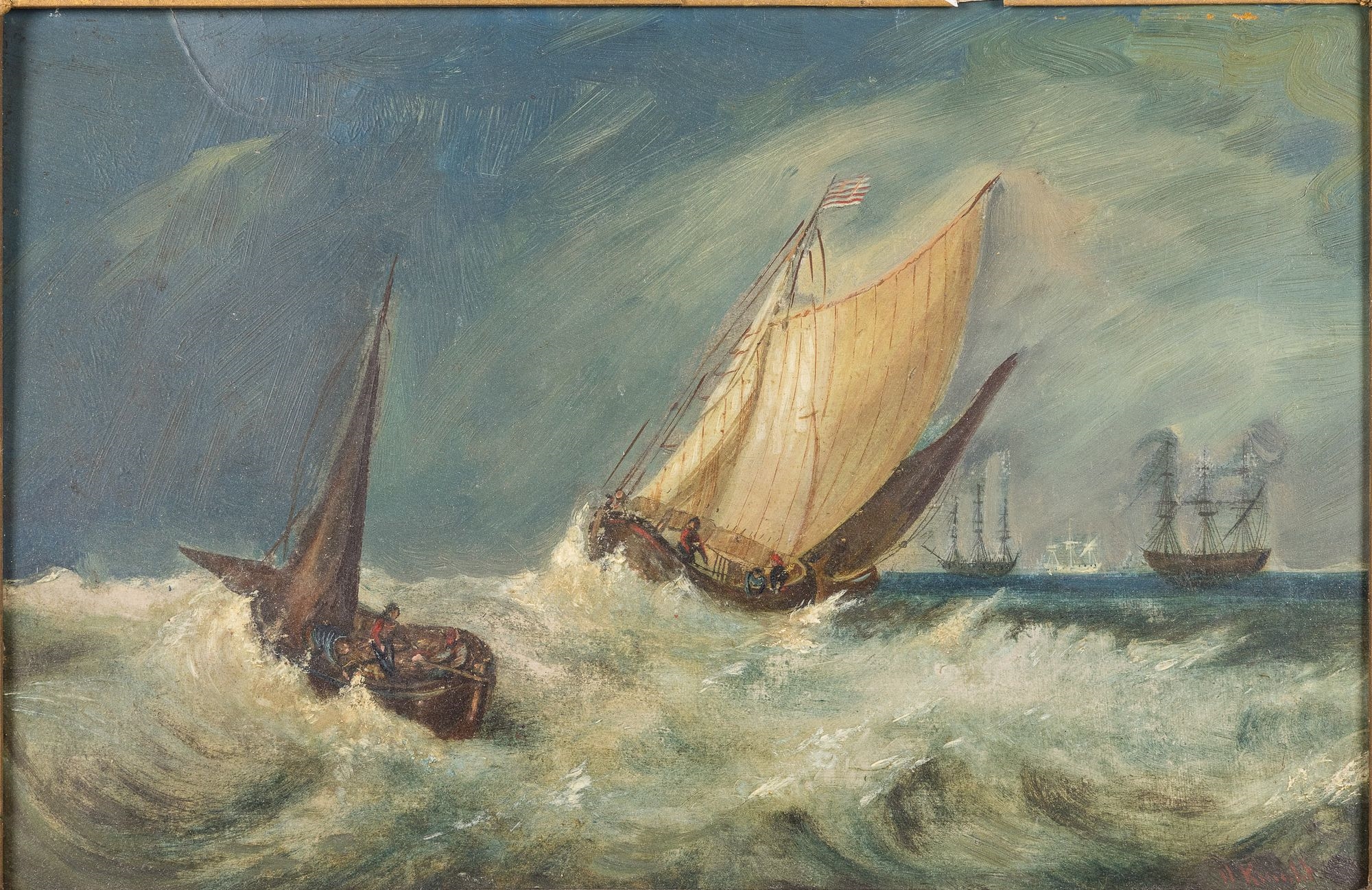 Artwork by H. Knight, Sailing Ships, Made of Oil on Canvas,   in red