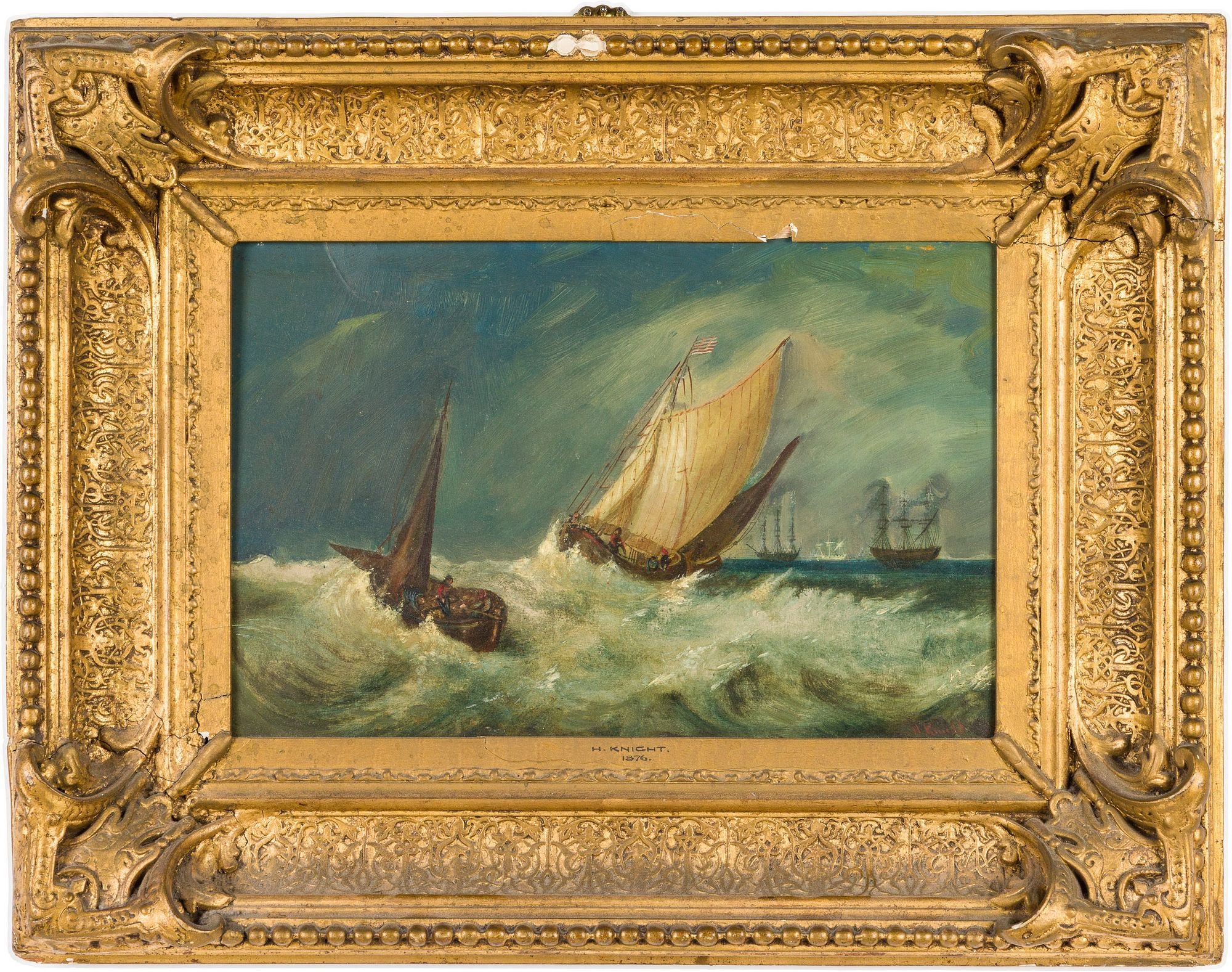 Artwork by H. Knight, Sailing Ships, Made of Oil on Canvas,   in red