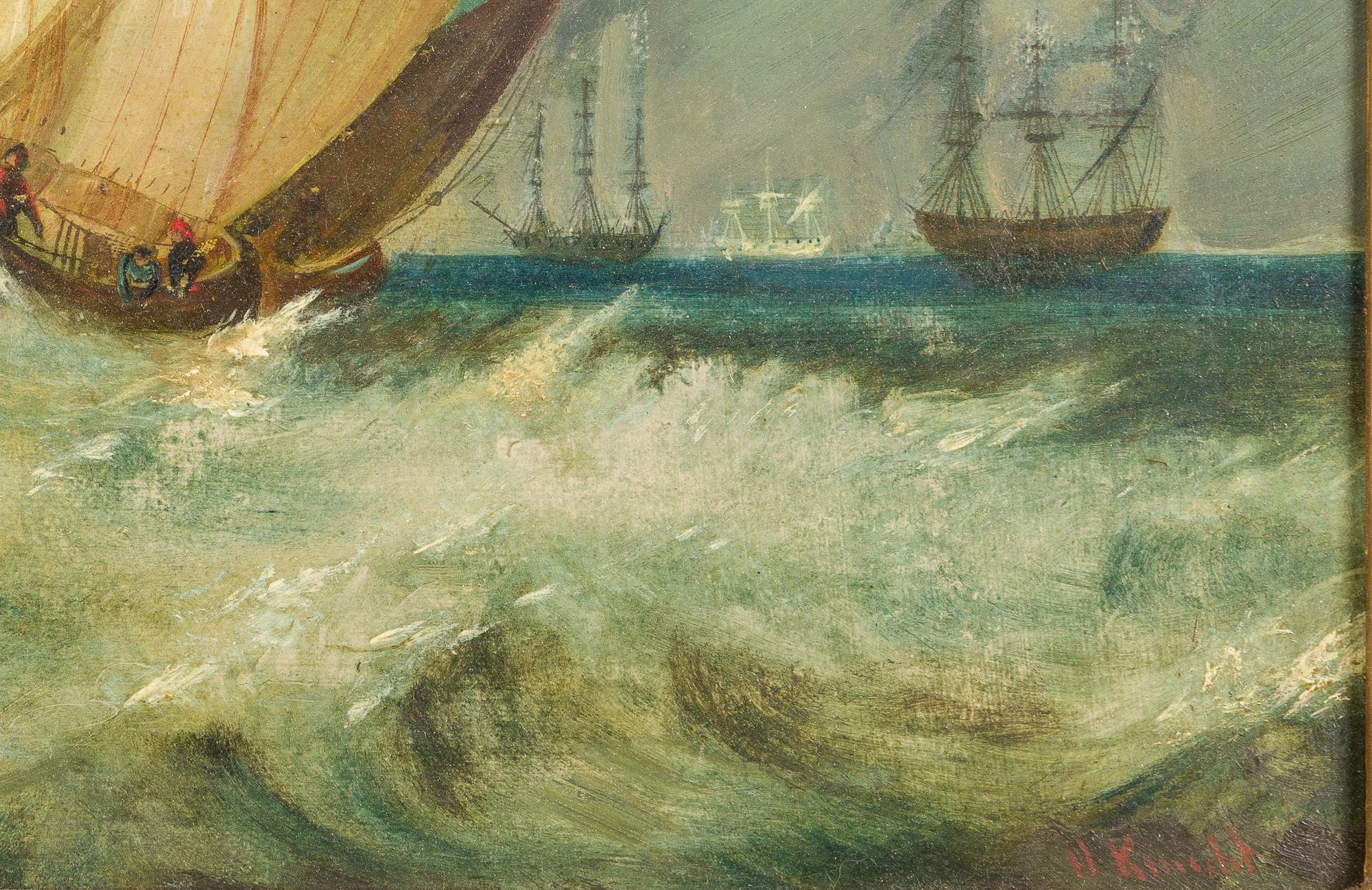 Artwork by H. Knight, Sailing Ships, Made of Oil on Canvas,   in red