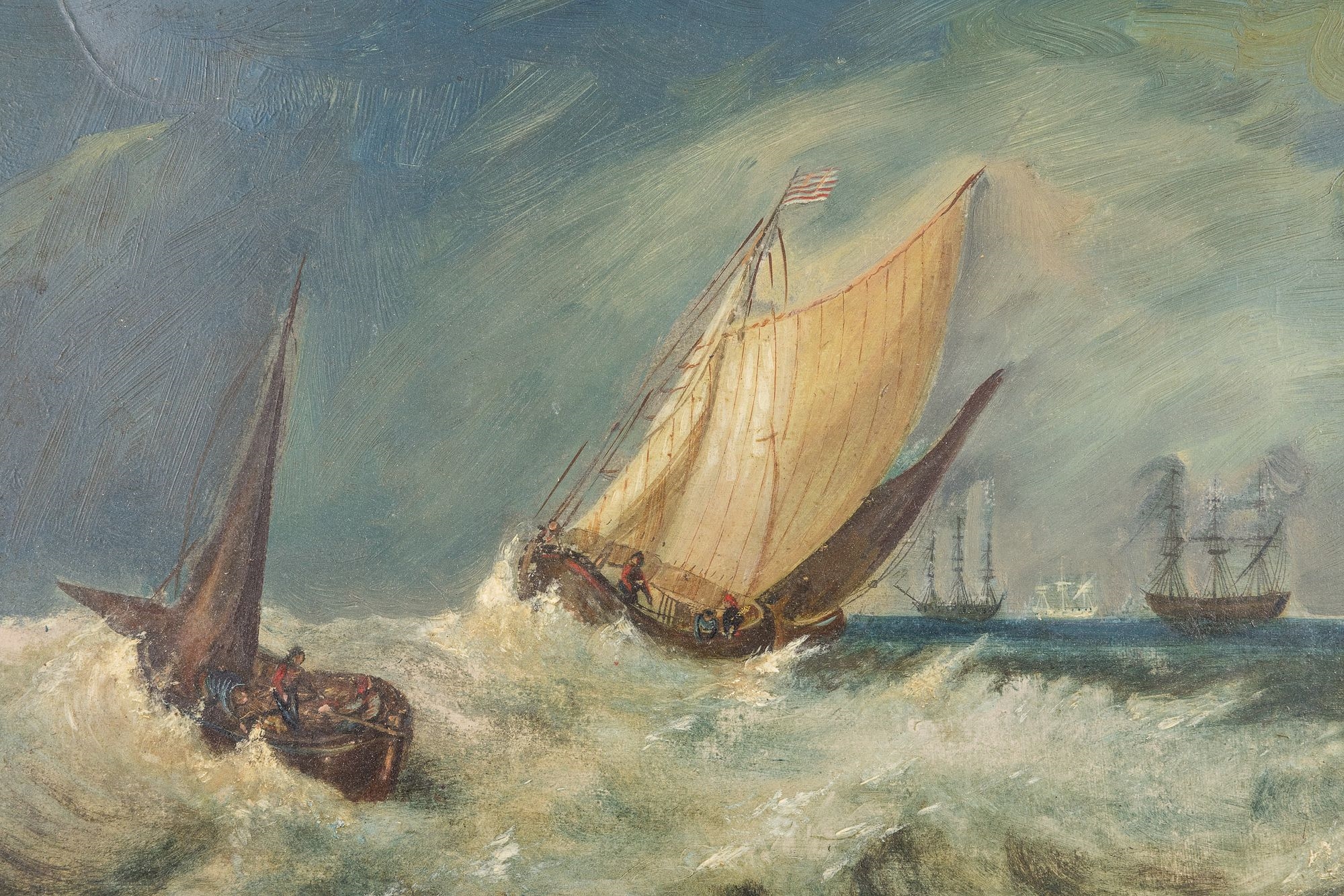 Artwork by H. Knight, Sailing Ships, Made of Oil on Canvas,   in red