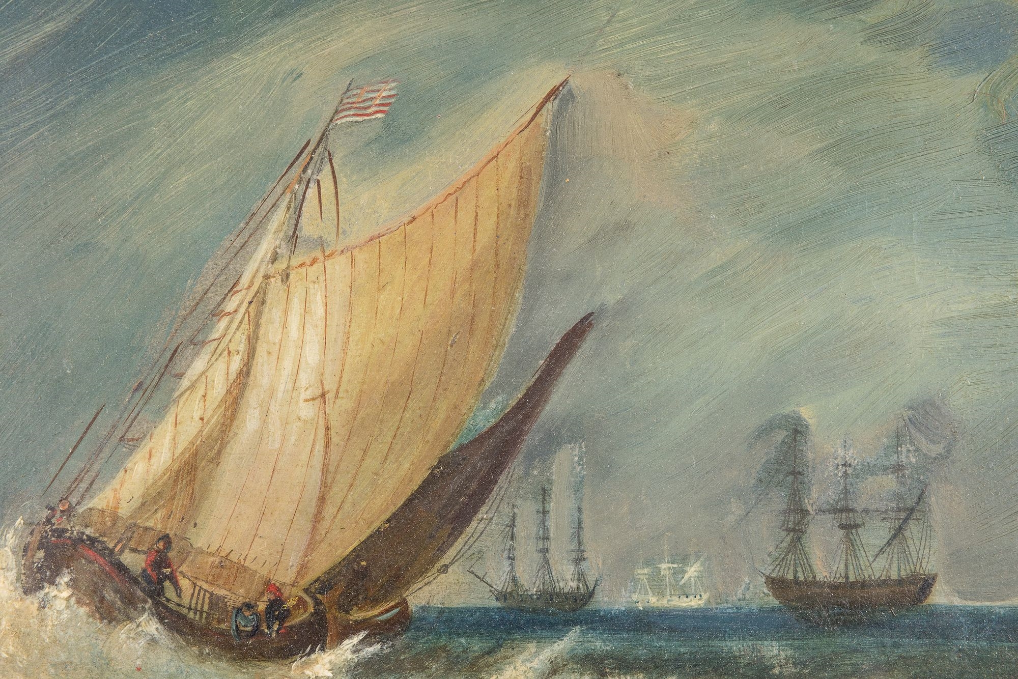 Artwork by H. Knight, Sailing Ships, Made of Oil on Canvas,   in red