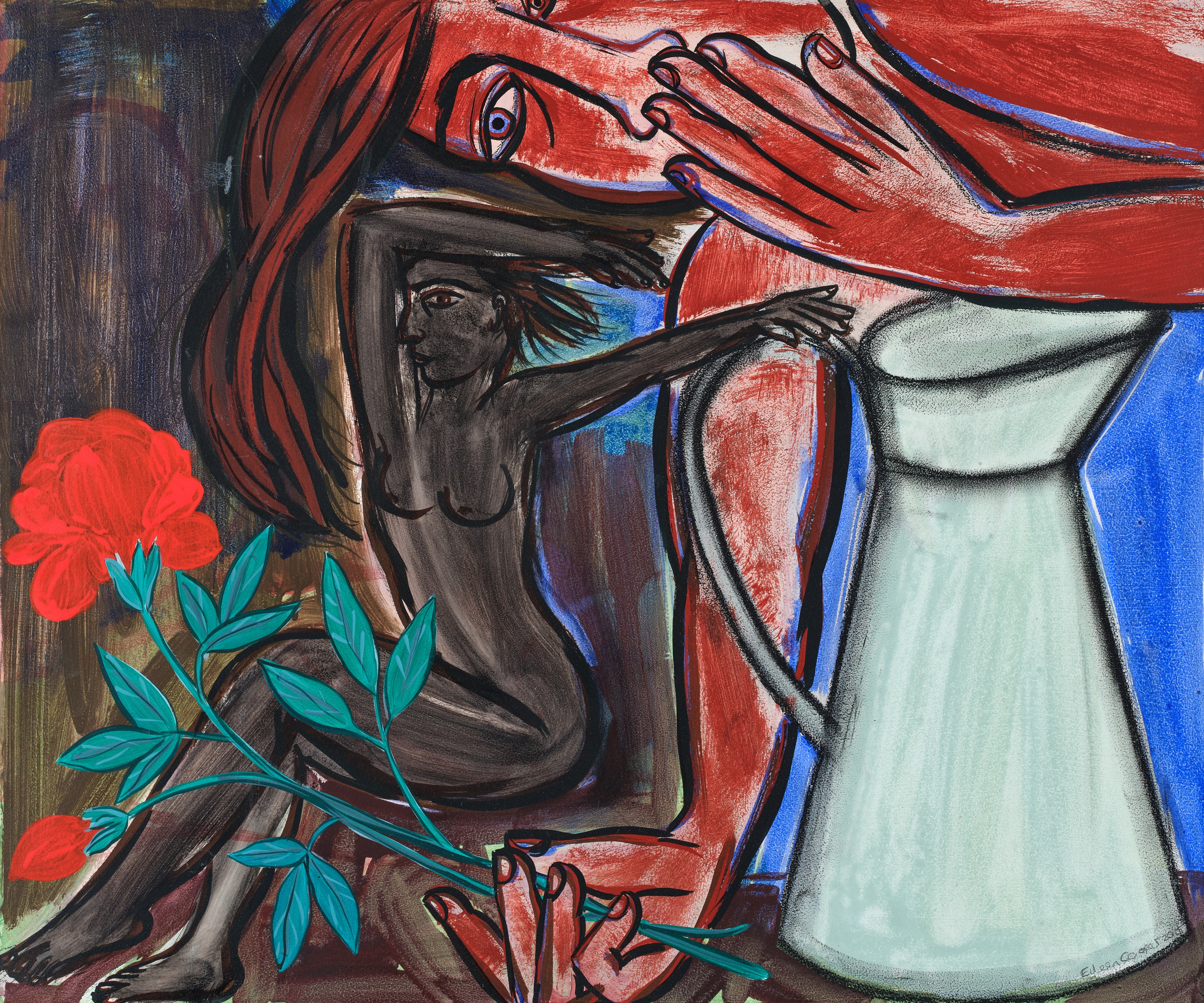 Artwork by Eileen Cooper, Figures with red flowers and a blue jug, Made of oil on board