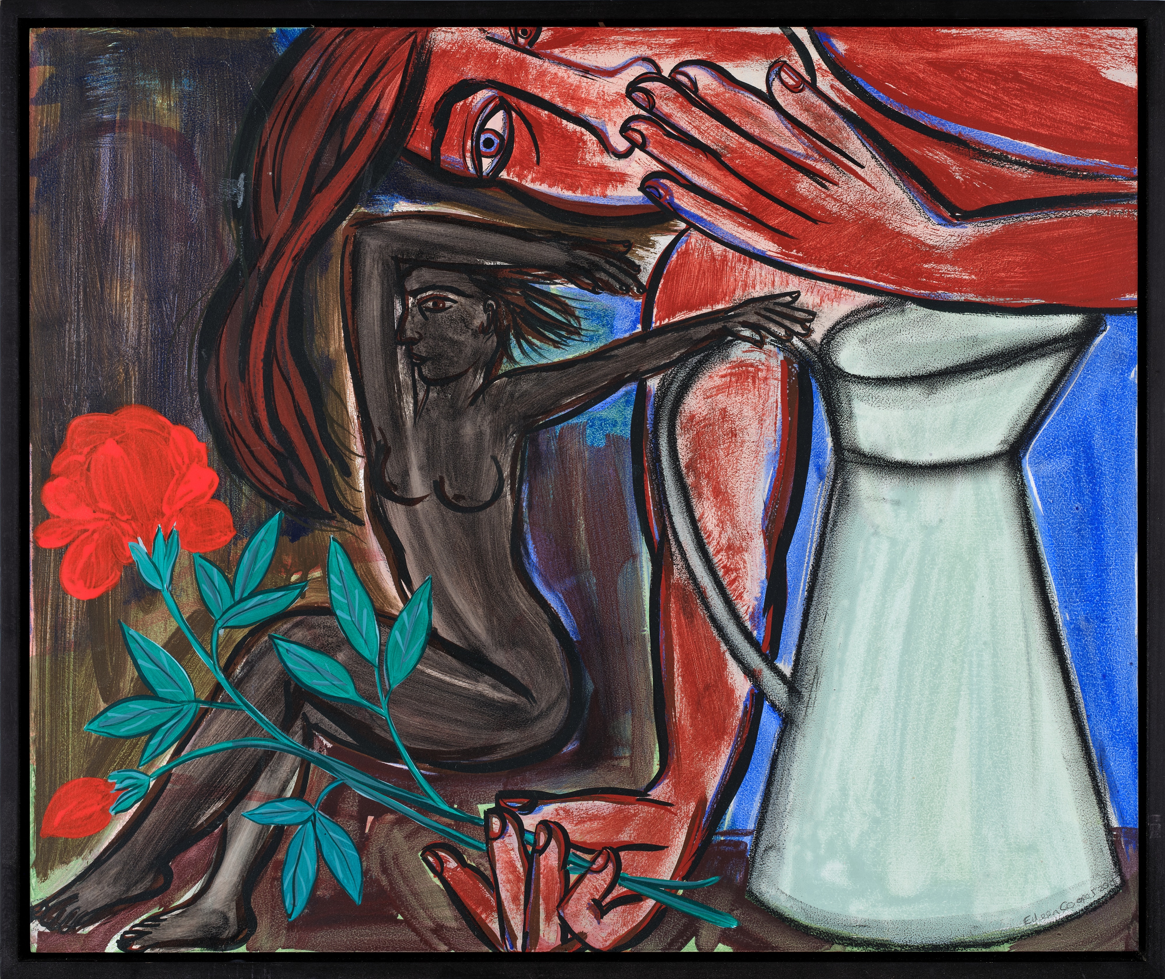 Artwork by Eileen Cooper, Figures with red flowers and a blue jug, Made of oil on board