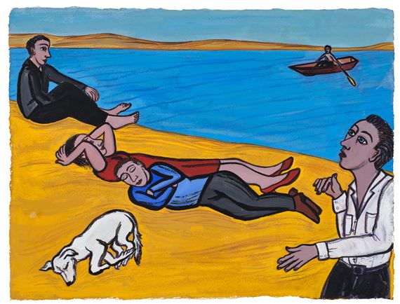 Figures and a dog on a beach by Eileen Cooper, dated 2006
