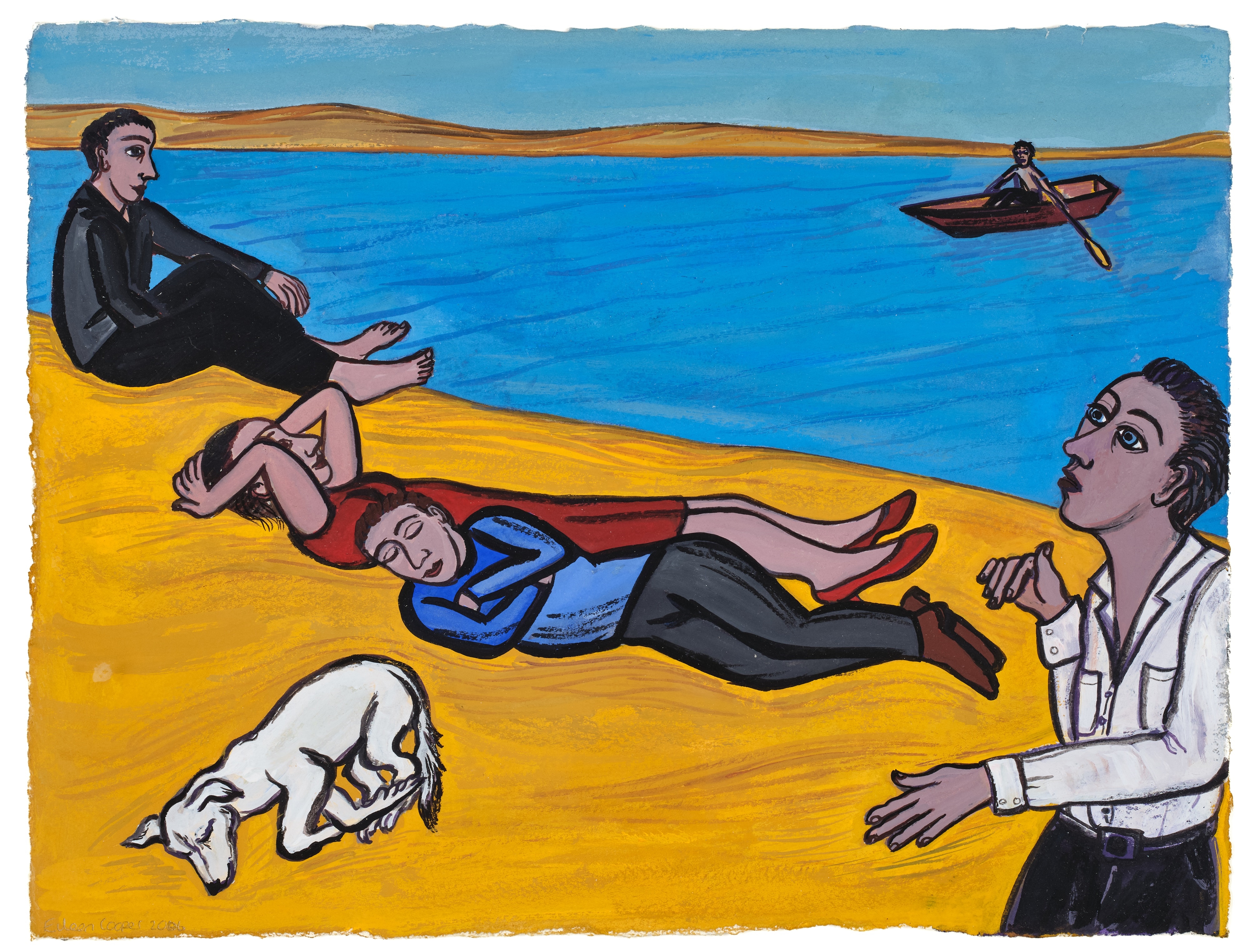 Artwork by Eileen Cooper, Figures and a dog on a beach, Made of oil on paper