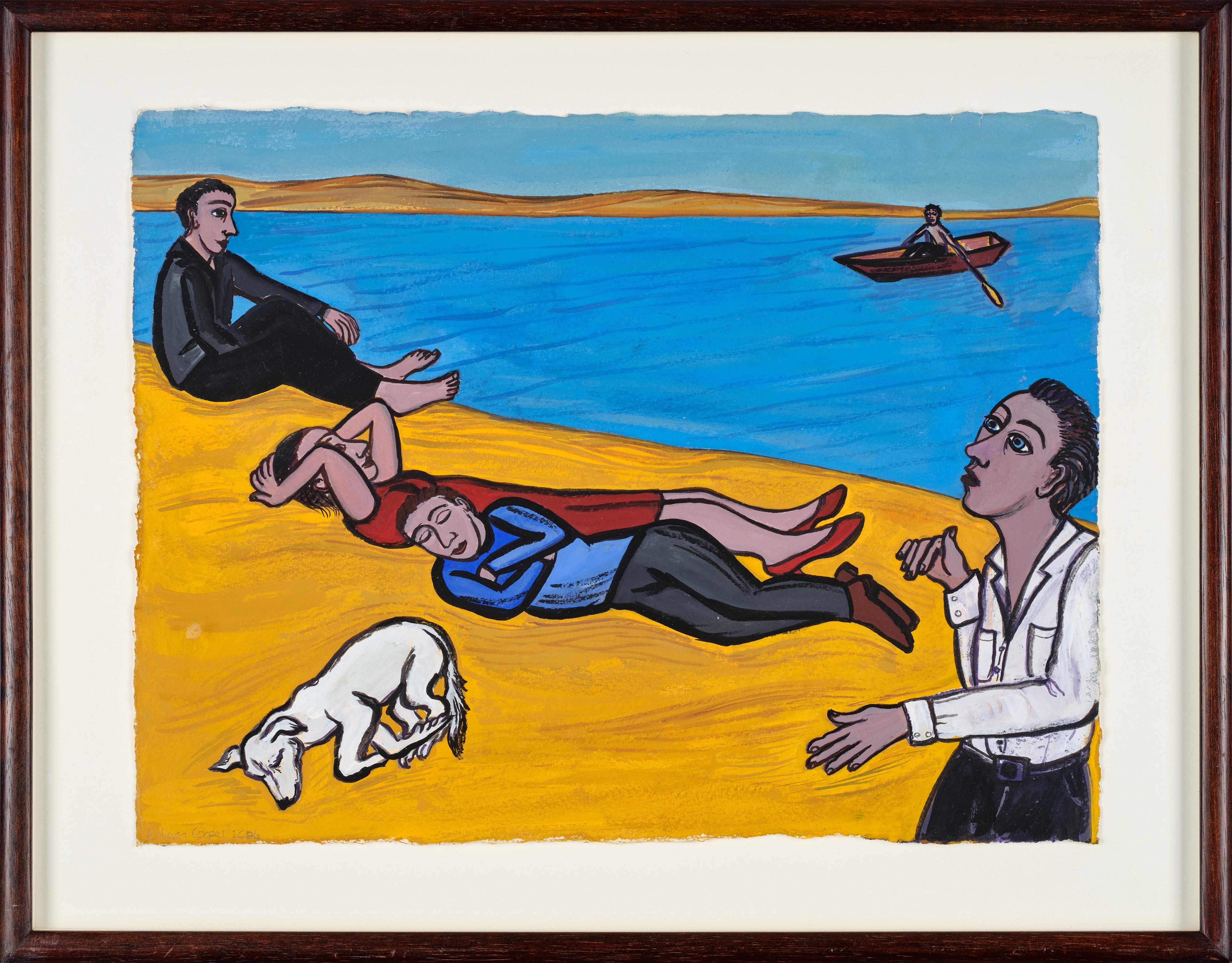 Artwork by Eileen Cooper, Figures and a dog on a beach, Made of oil on paper