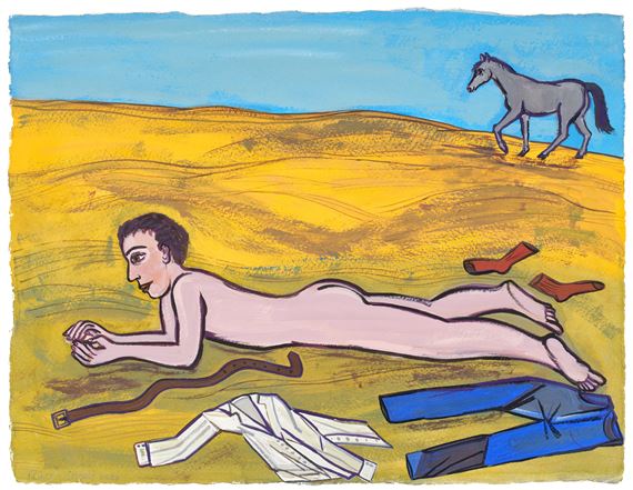 Male nude and horse on a beach by Eileen Cooper, 2006