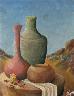 A still life featuring three ceramic vessels and a butterfly on a wooden surface against a desert landscape.