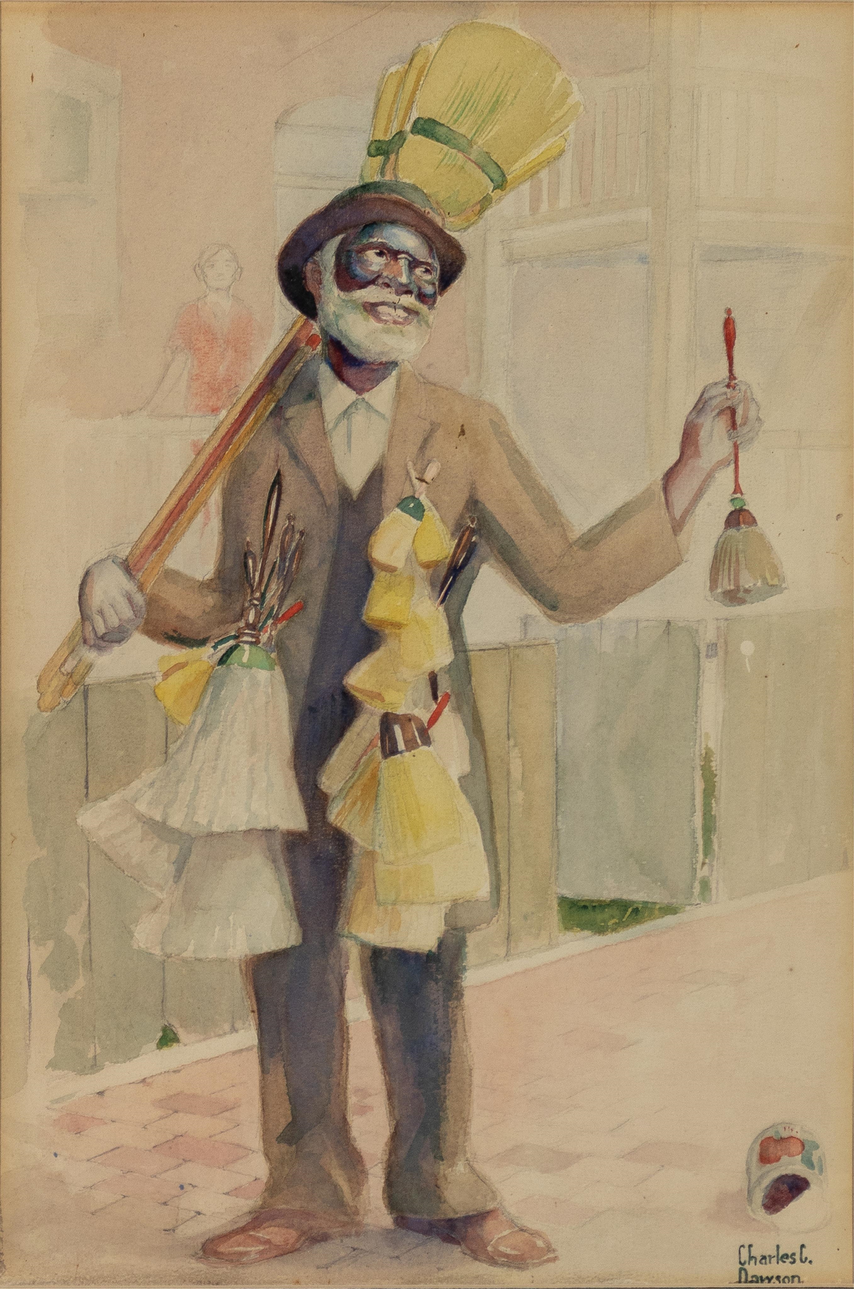 A whimsical watercolor portrait of a figure dressed as a cleaning man, holding a broom and a feather duster.