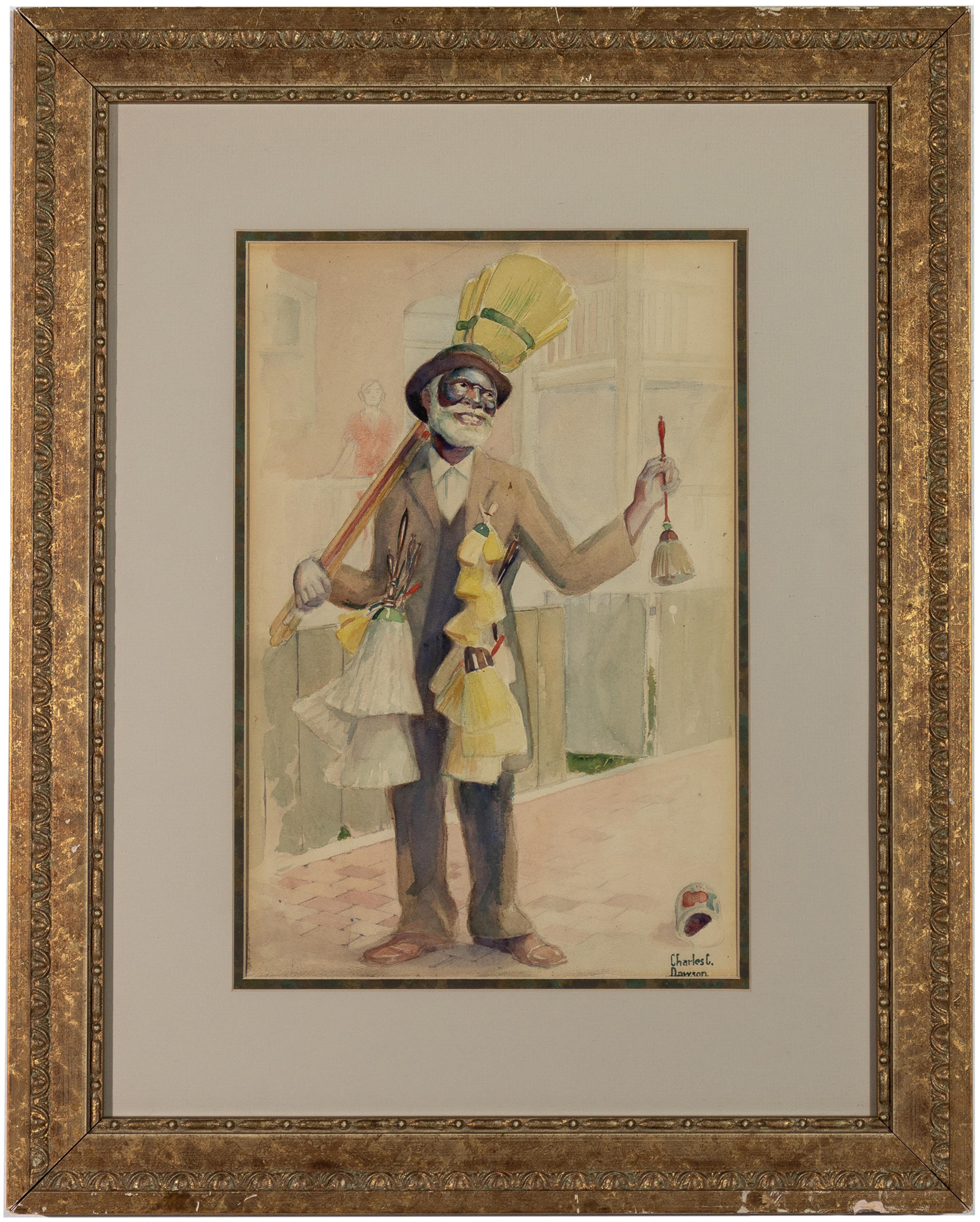 A whimsical watercolor portrait of a figure dressed as a cleaning man, holding a broom and a feather duster.