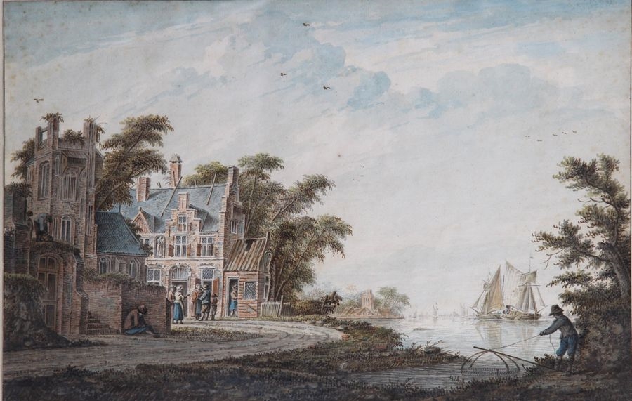 Dutch School, 18th Century | Animated view of a village by a lake ...