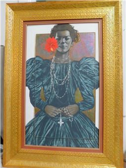 Portrait Painting, 20th C, Dominican Republic, Jorge Severini, signed, 2002, oil on canvas, black woman with rosary, image 30" x 18", elaborate carved and gilt frame, 39 3/4" x 27 1/2" - Jorge Severini