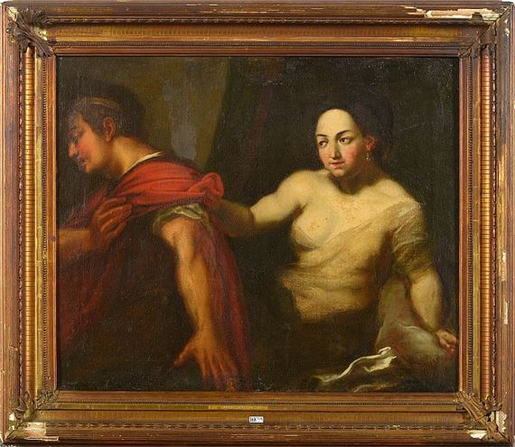 A classical painting of two figures in a dramatic, intimate pose.