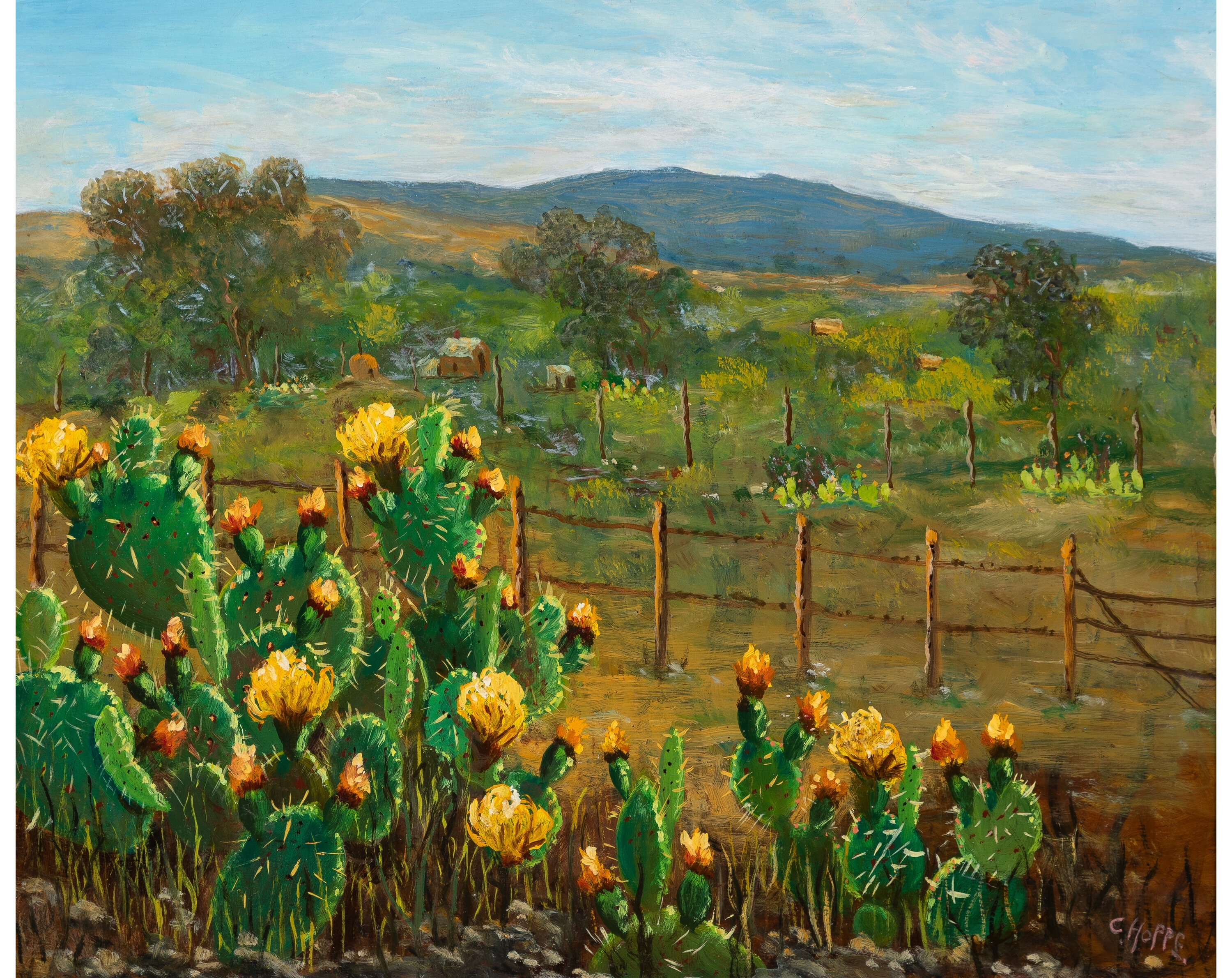 Artwork by Carl Thomas Hoppe, Cactus on the Ranch, Made of Oil on Masonite