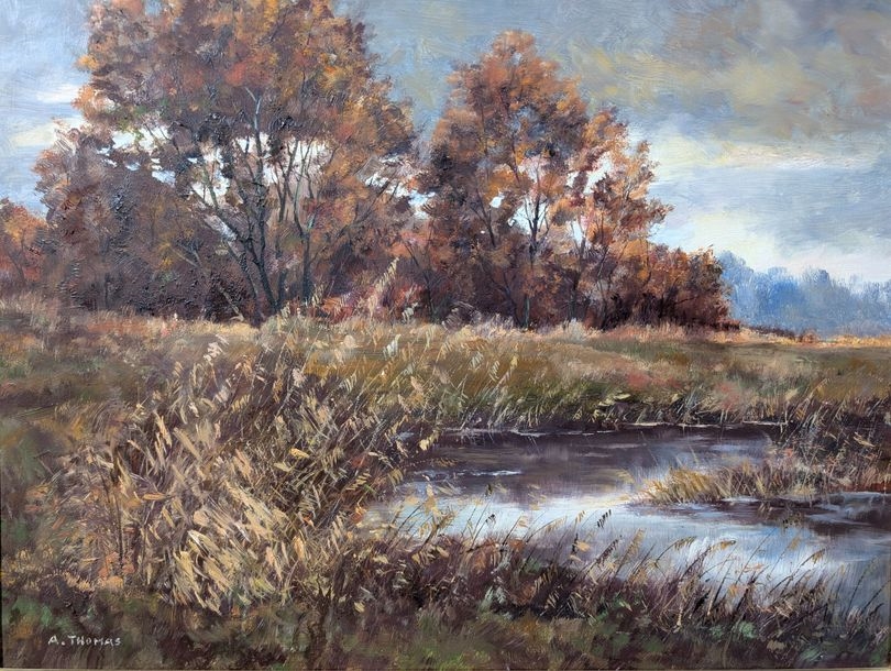 Artwork by Albert Thomas Mockridge, River and woodland edge, Made of Oil on panel