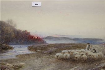 Extensive river landscape with shepherd and flock - Thomas James Lloyd
