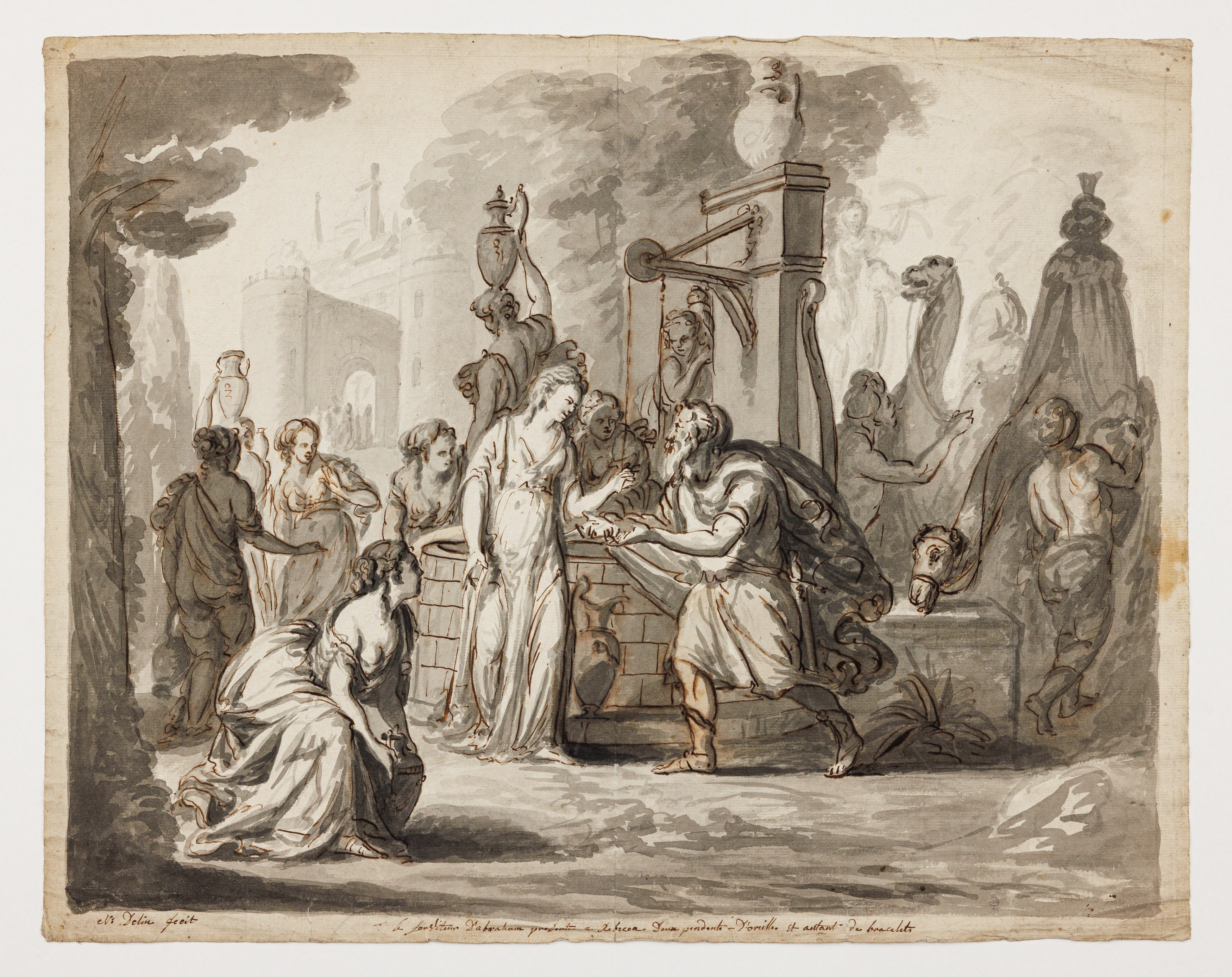 Artwork by Nicolas Joseph Delin, Old Testament scenes: Abraham and Rebecca, Made of Pen in brown ink, brush in Indian ink