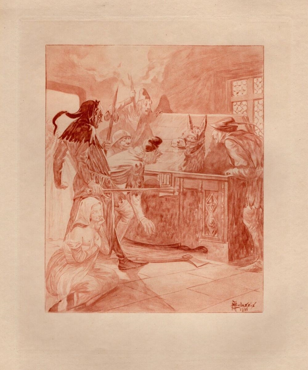 Artwork by Edmond Malassis, The Trapped Donkey, Made of Vintage copper plate engraving in red ink on Velin paper