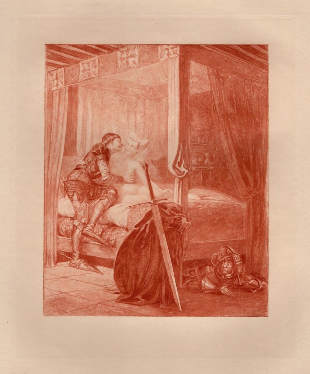 Artwork by Edmond Malassis, The Knight's Desires II (Les désirs du Chevalier I)(Cent Nouvelles Nouvelles, Made of Vintage copper plate engraving in red ink on Velin paper