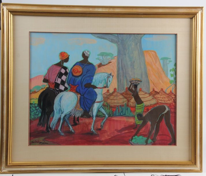 Artwork by André Maire, Village scene in Bamako, Made of Gouache