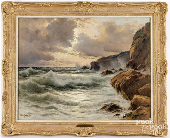 A dramatic seascape painting in an ornate gold frame depicting turbulent waves crashing against a rocky cliff under a cloudy sky.