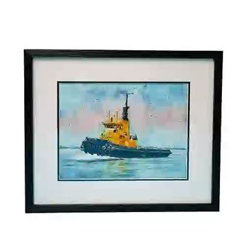 Yellow tugboat sailing through the ocean against a blue and purple sky - Jose Melgratti