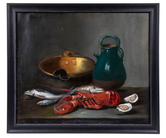 Still Life of Lobster, Fish and Oysters along with a Copper Pot and Green Stoneware Jug - Dominique Hubert Rozier