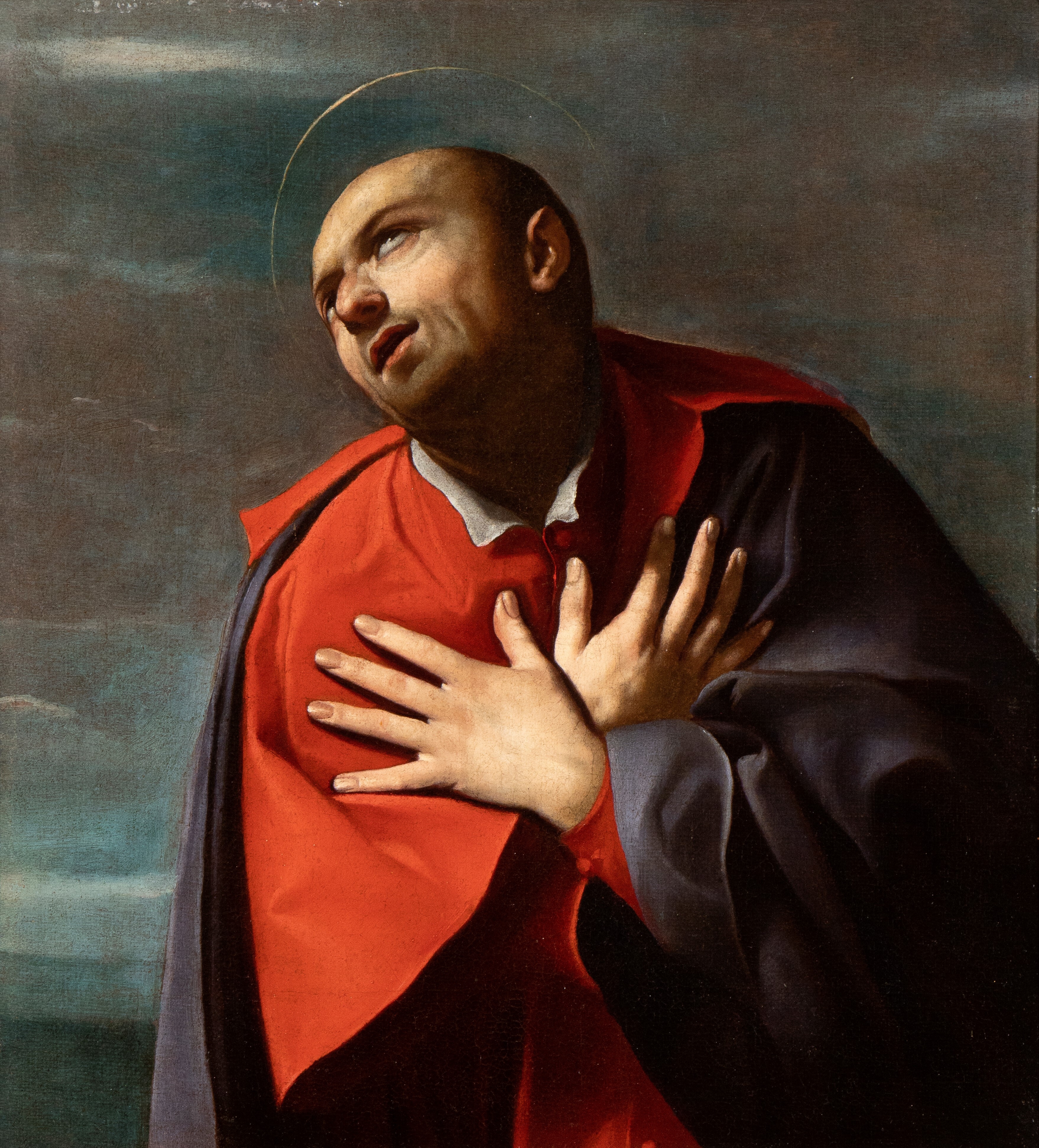 Artwork by Carlo Saraceni, St Carlo Borromeo with his arms crossed over his chest, Made of Oil on canvas