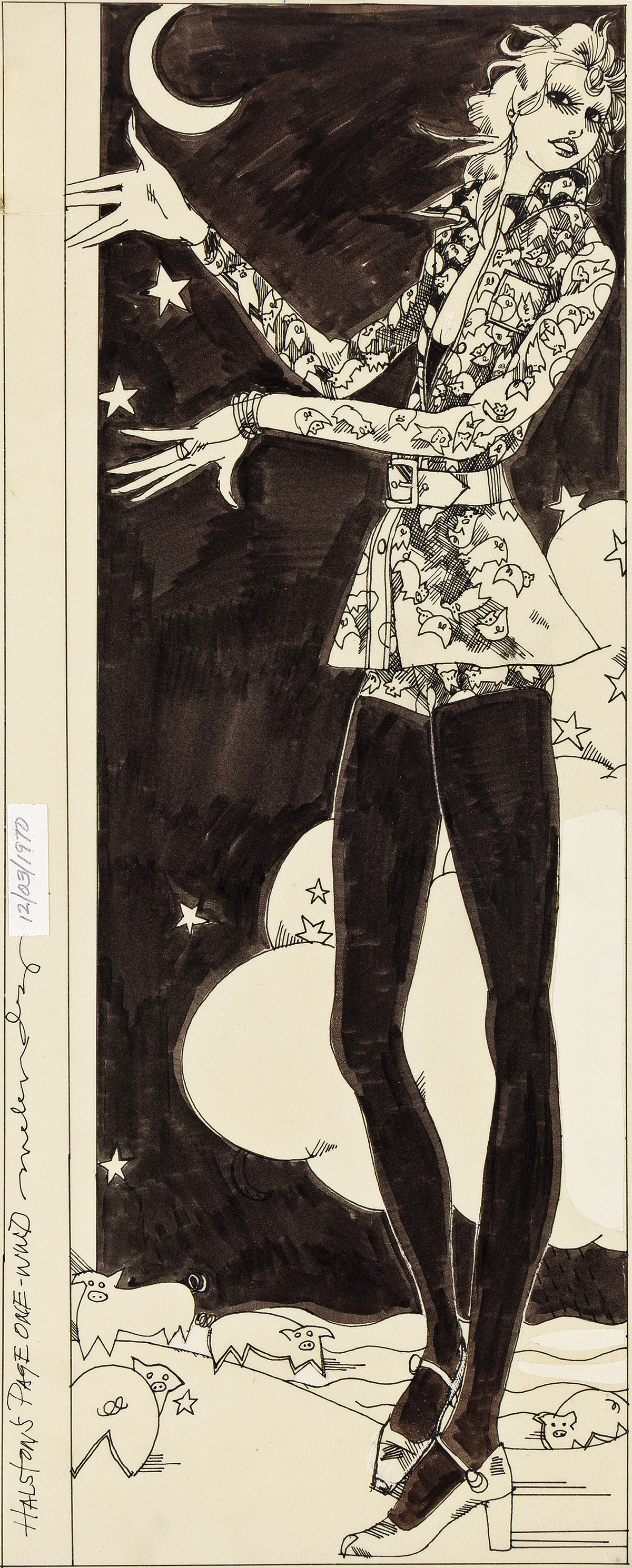 Artwork by Robert Melendez, Halston Today: These little piggies go to parties, Made of Rapidograph on vellum