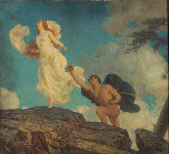 Mythological scene atop a rocky plateau, possibly Apollo pursuing Daphne - Louis Loeb