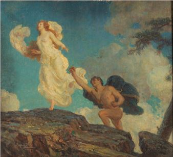 Mythological scene atop a rocky plateau, possibly Apollo pursuing Daphne - Louis Loeb
