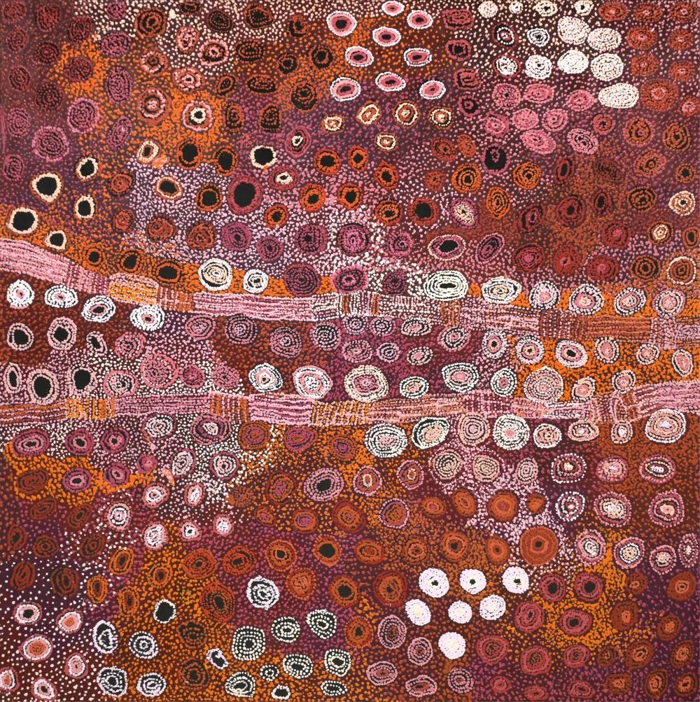 Artwork by Tjimpayi Presley, Mona Mitakiki Shepherd, Naomi Kantjuri, Seven Sisters, Made of acrylic on linen