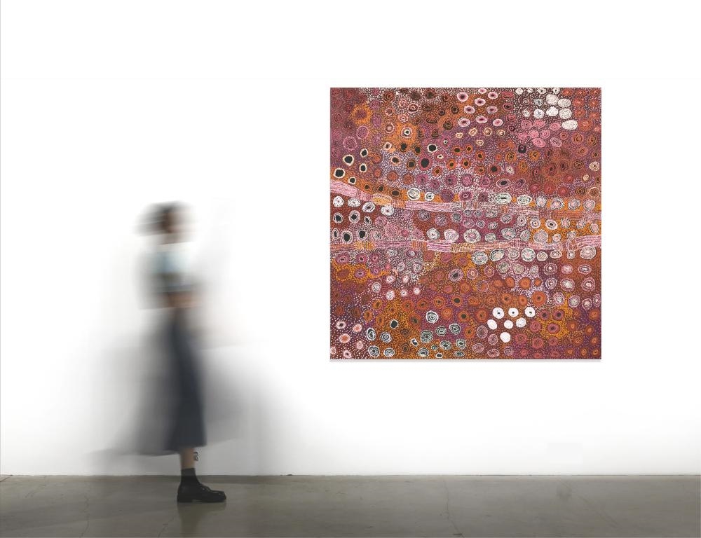 Artwork by Tjimpayi Presley, Mona Mitakiki Shepherd, Naomi Kantjuri, Seven Sisters, Made of acrylic on linen