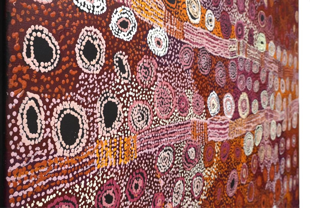 Artwork by Tjimpayi Presley, Mona Mitakiki Shepherd, Naomi Kantjuri, Seven Sisters, Made of acrylic on linen